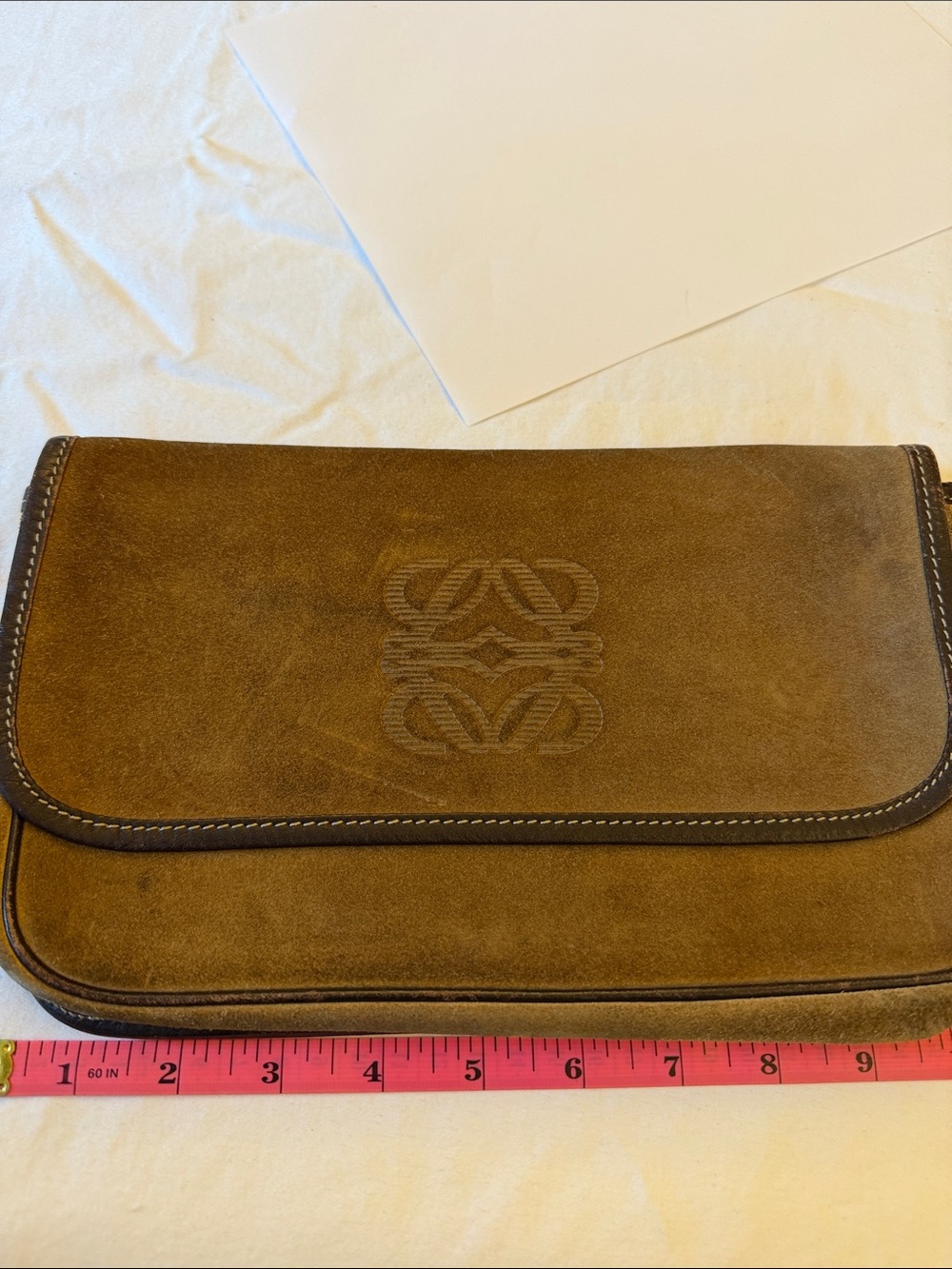 Loewe Suede clutch handbag taupe suede with brown leather trim